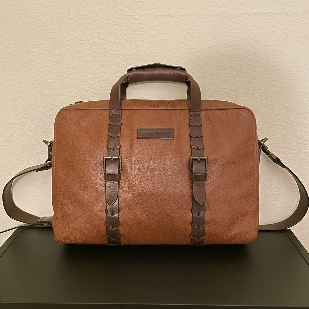 Johnston & Murphy Brown Leather Braided Collection Laptop Bag